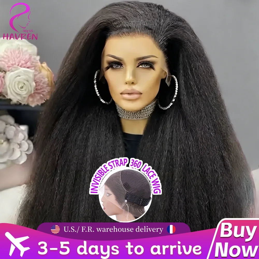 Invisible Strap 360 Hd Full Lace Wig Kinky Straight Human Hair Wigs Natural Color 220% Density Drawstring Snug Fit Glueless Wigs