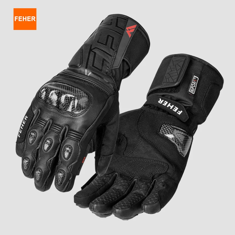 FEHER Winter Motorcycle Riding Gloves Waterproof Touchscreen Leather Keep Warm Finger Joint Carbon Fiber Design Motorbike Gloves