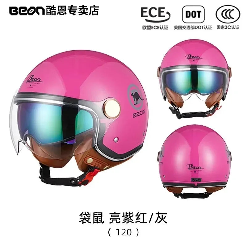 BEON Motorcycle Retro Style Helmet Electric Bike Riding Three-quarters Half Helmet Lightweight Dual Lens Safety Helmet