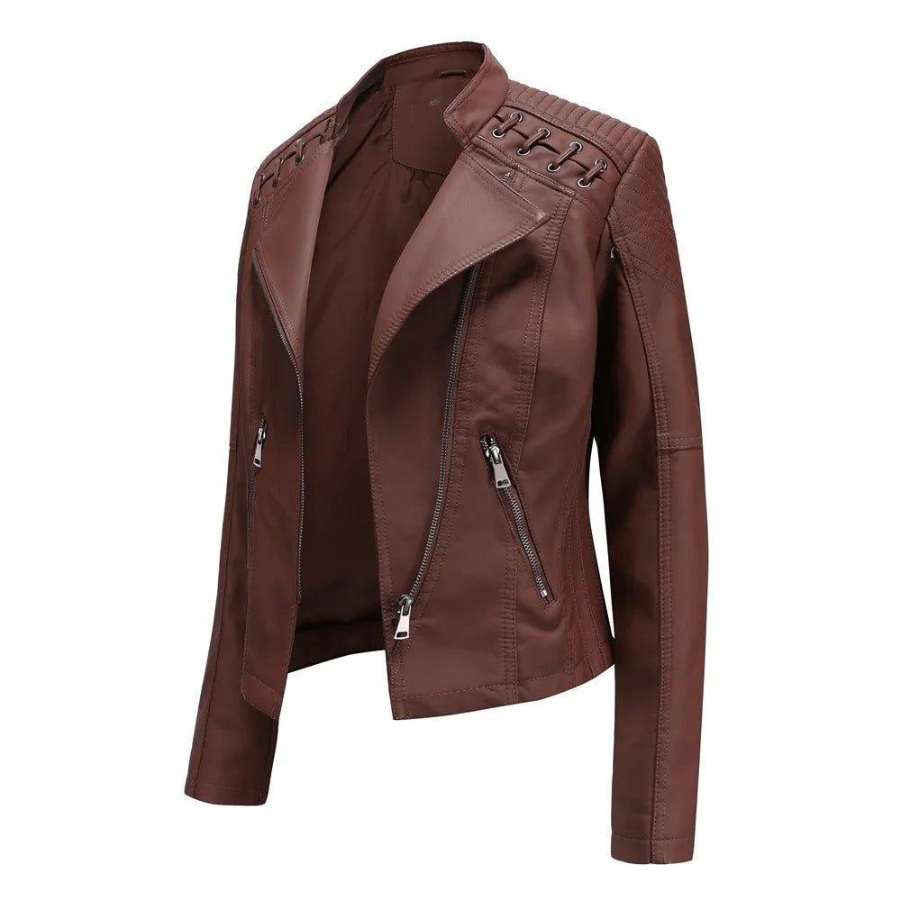 Spring Autumn Women's Clothing Slim Fit PU Leather Jacket For Woman Motorcycle Biker Style Short Coat With Notched Collar