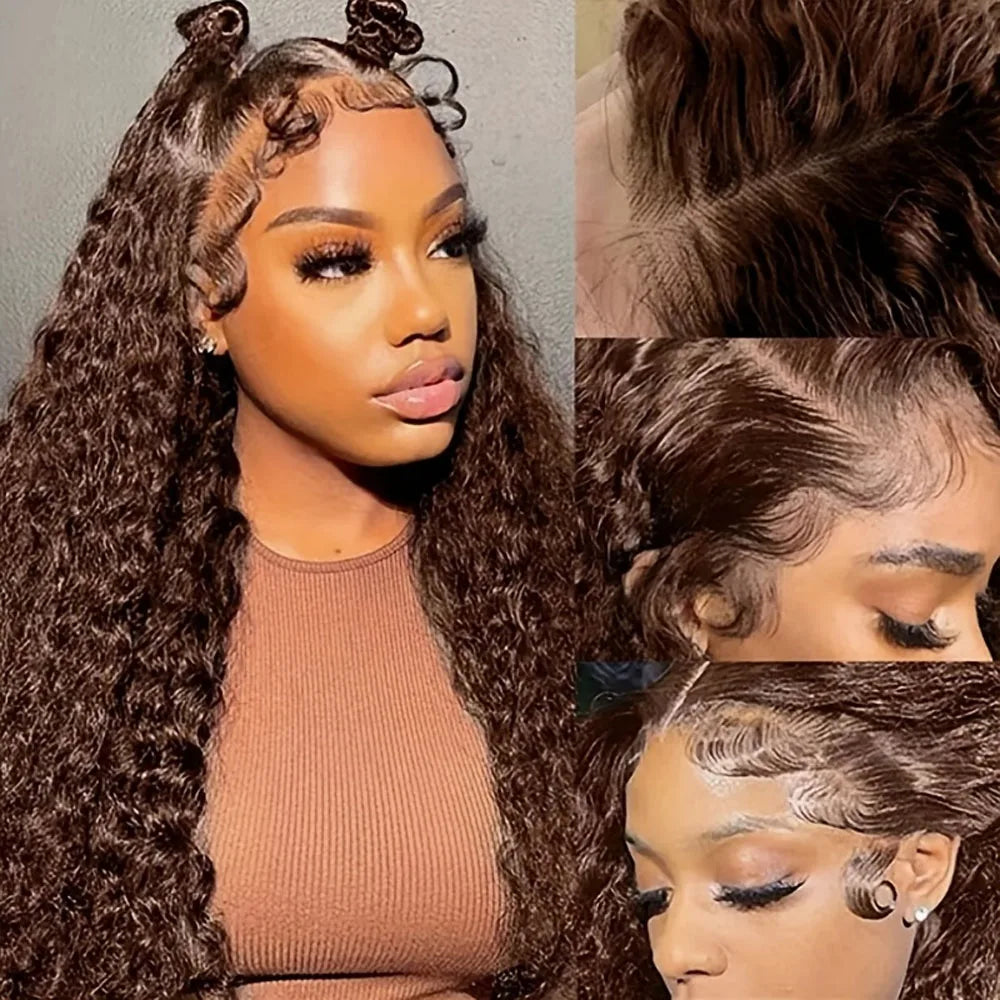 Chocolate Brown Human Hair Wigs Deep Wave 13X4 Hd Lace Frontal Wig Human Hair 250 Density Brazilian Hair For Women 34 Inch