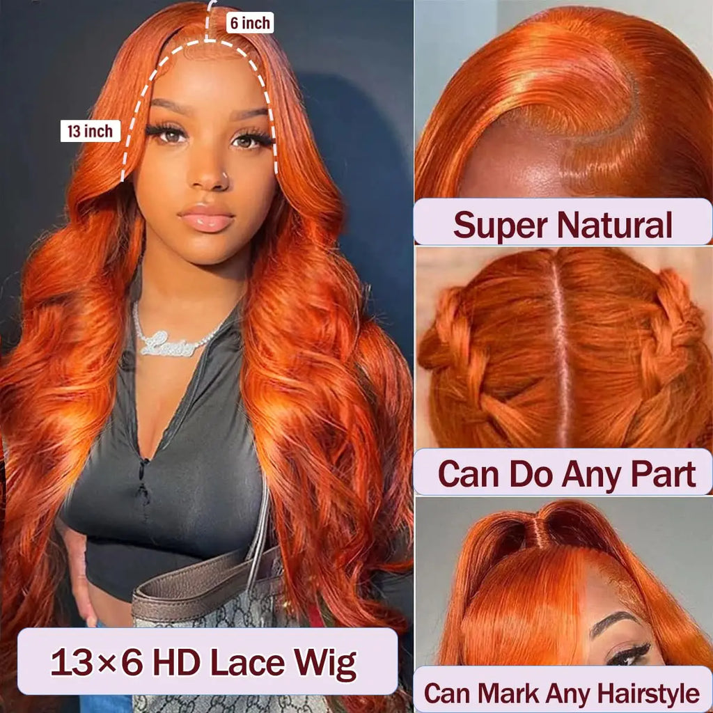 Ginger Body Wave Hd Lace Wig 13x6 Human Hair 250 Density Colored Brazilian Pre Plucke 13x6 Hd Lace Real Human Hair Wig For Women
