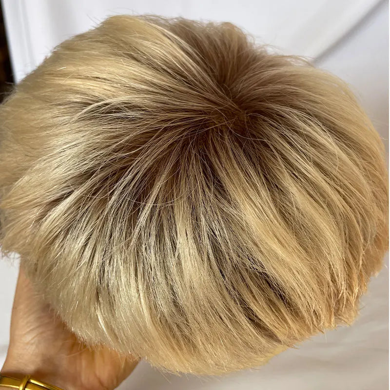 Men's 3Inch Cut Short Hair Toupée Human Hair Wig Swiss Lace Frontal PU Hairpieces 8x10 Omber 613# Color Systems Black Hairpiece