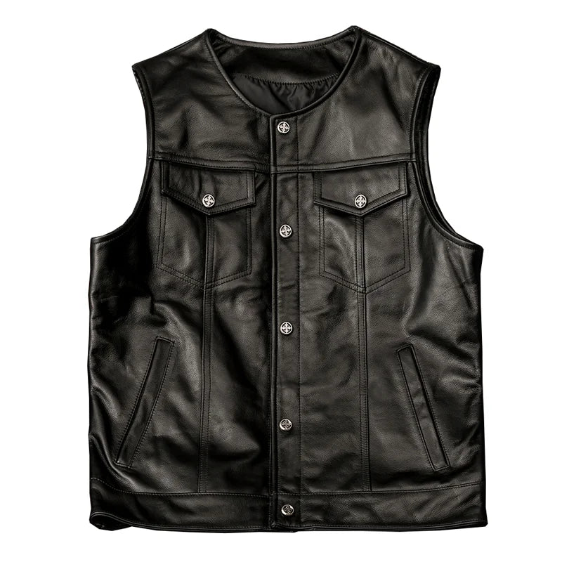 Genuine Leather Vest Men's Casual American Sle Top Layer Cowhide ort Faion Urban Motorcycle Vest Autumn Season V-Ne