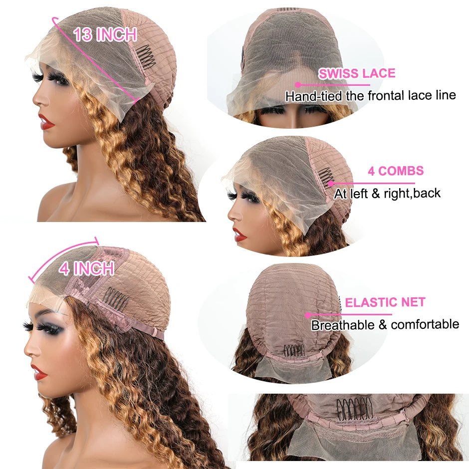 Ombre Deep Wave Frontal Wig 4/27 Highlight Human Hair Wigs Brazilian Deep Wave Lace Wig ISEE HAIR 4X4 Lace Closure Wig For Women