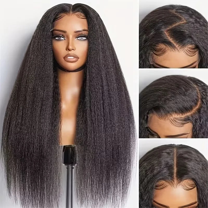 Invisible Strap 360 Hd Full Lace Wig Kinky Straight Human Hair Wigs Natural Color 220% Density Drawstring Snug Fit Glueless Wigs