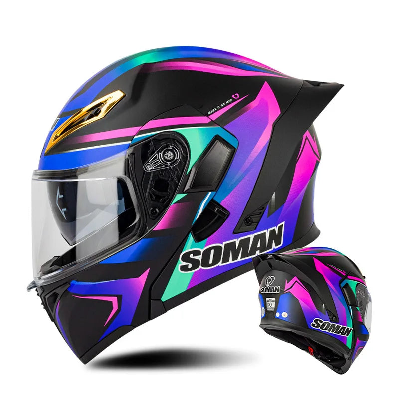 DOT Approved Men Motorcycle Helmet Dual Lens Flip Up Helmets Vintage Retro Full Face Moto Helmet Double Lens Modular Helm