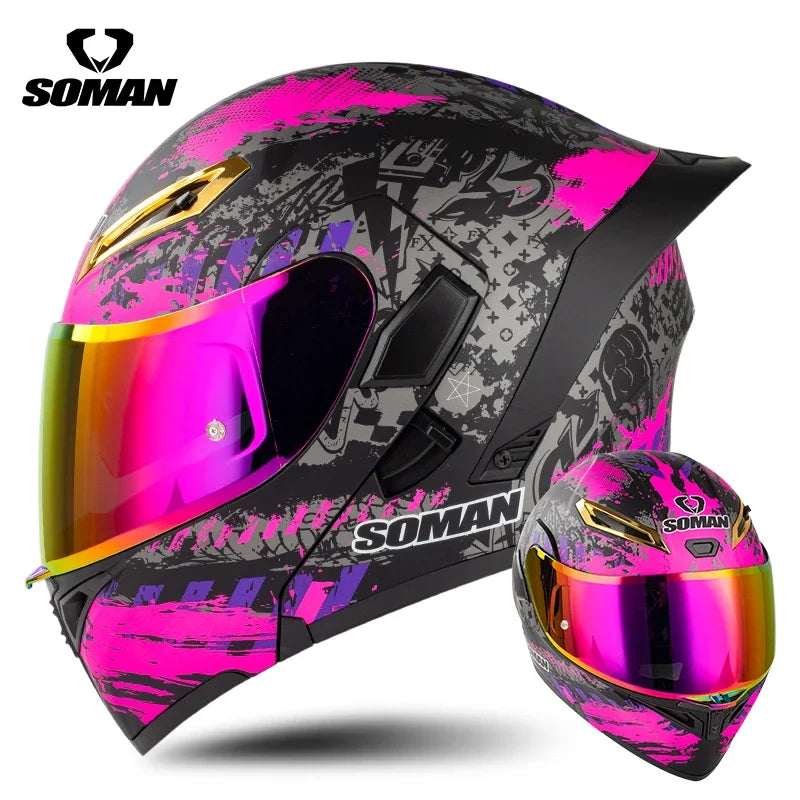 SOMAN Full Face Helmet Dual Lens Flip Up Motorcycle Helmets Casco Accessories Men Women Casque Moto Racing DOT Approved Visor
