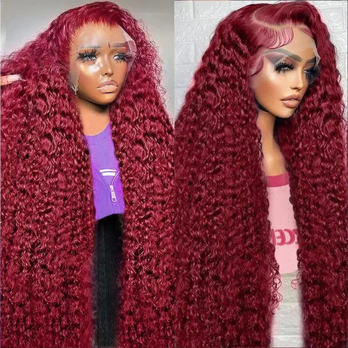 99J Burgundy Deep Wave 200 Density 13x4 HD Lace Front Wig Red Colored Curly Wave 13x6 Lace Frontal Human Hair Wigs For Woman