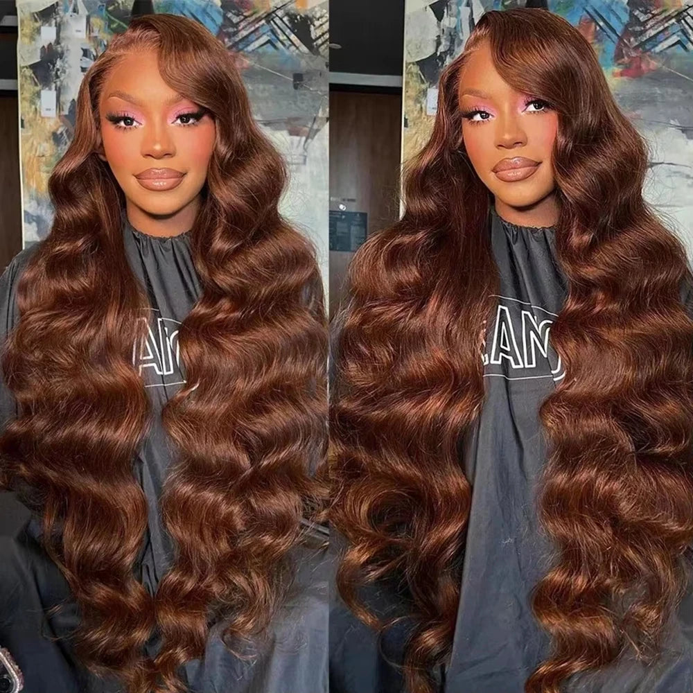 13x6 Chocolate Brown Body Wave Lace Front Wig Transparent Lace Frontal Wig Human Hair Preplucked Colored Human Hair Wigs 200%