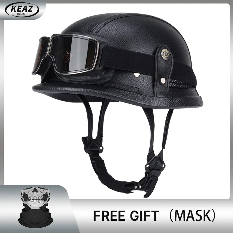 Classical German Style Leather Women and Men Half Face Motorcycle Helmets With Copper Googles Capacete De Moto Masculino DOT