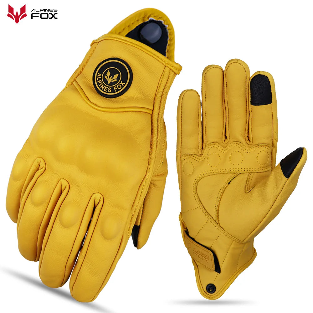 Retro Motorcycle Gloves Real Leather Full Finger Black Yellow Men Women Protective Gear Motorbike Glove Touch Screen Guante Moto