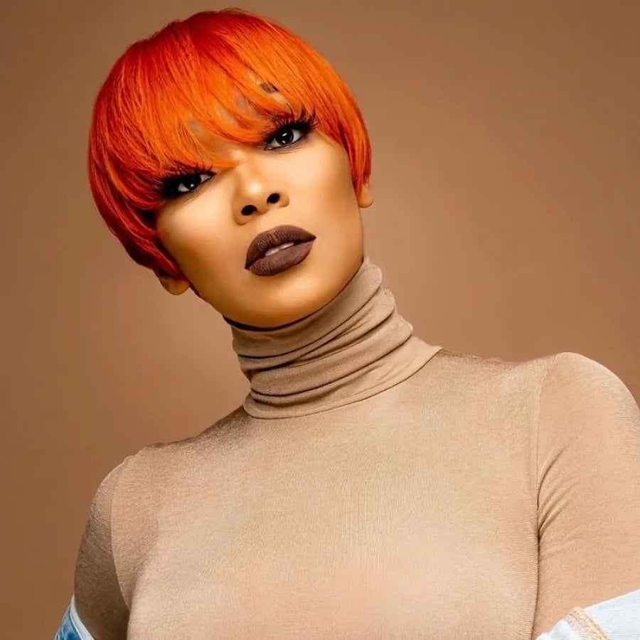 Pixie Cut Brazilian Straight Human Hair 150% Density 6inch Orange with Bangs - Full Machine Made Wig, Rose Net Cap