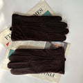 Men Retro Sheepskin Suede Leather Gloves Winter Warm Full Finger Dark Brown Gloves Riding Motorcycle Gloves