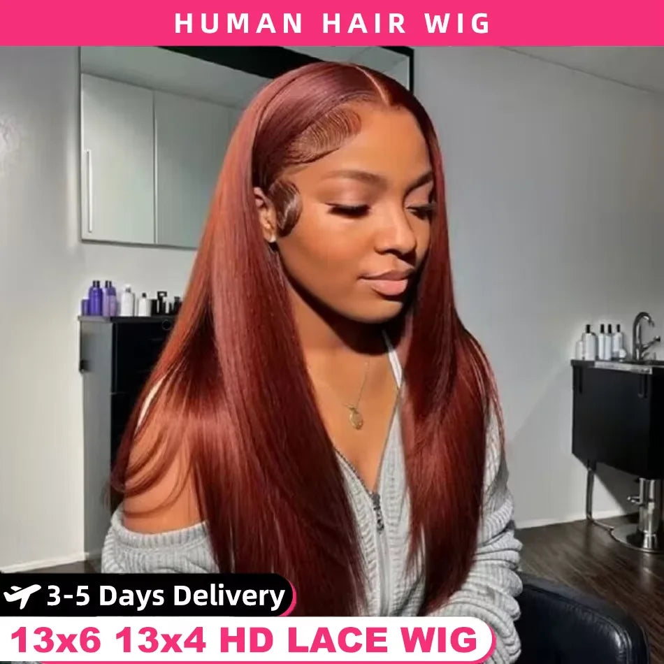 40 Inch Reddish Brown Lace Front Wigs Human Hair Pre Plucked 200% Density Straight Lace Frontal Wig Human Hair 13x6 HD Lace Wigs