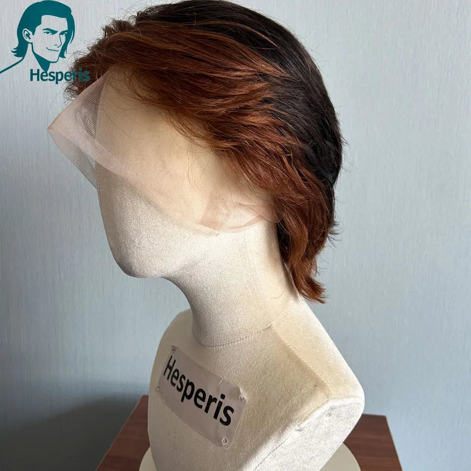 Hesperis Pre-Styled Male Ombre Brown Wig Full Lace Brown Remy Human Hair Short Cut Wig for Men Hair Replacement System