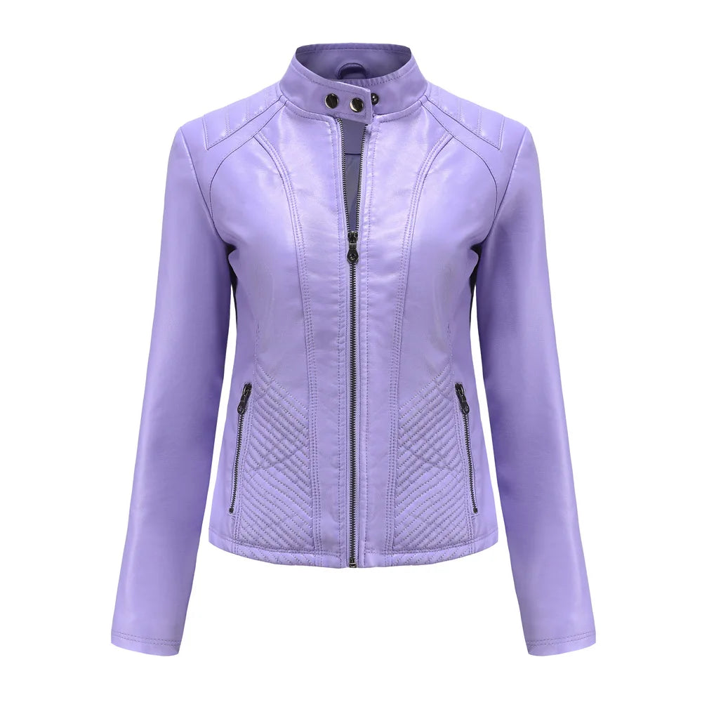 Women's Long Sleeved Zipper Motorcycle Jacket, Casual Leather Jacket, Simple and Trendy Clothing, Autumn and Winter popular