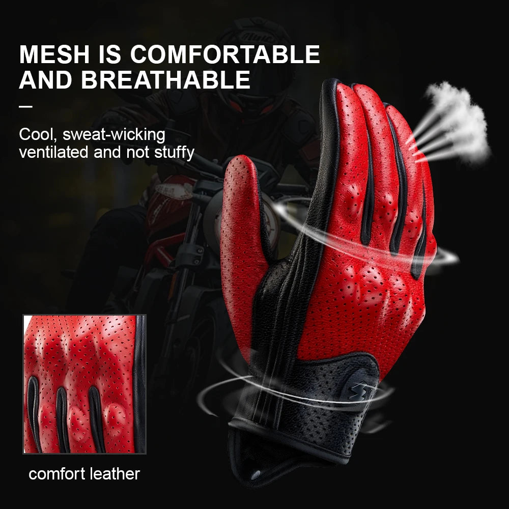 Retro Red Leather Motorcycle Gloves Men Women Breathable Perforated Motorbike Racing Gloves Touch Screen Motocross