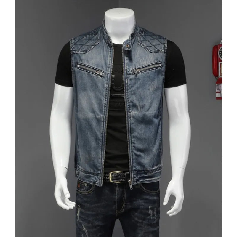 Mens Stand Collar Motorcycle Biker Denim Vest Vintage Zipper Cowboy Wasitcoat Men Casual Cotton Sleevless Jean Jacket Coat
