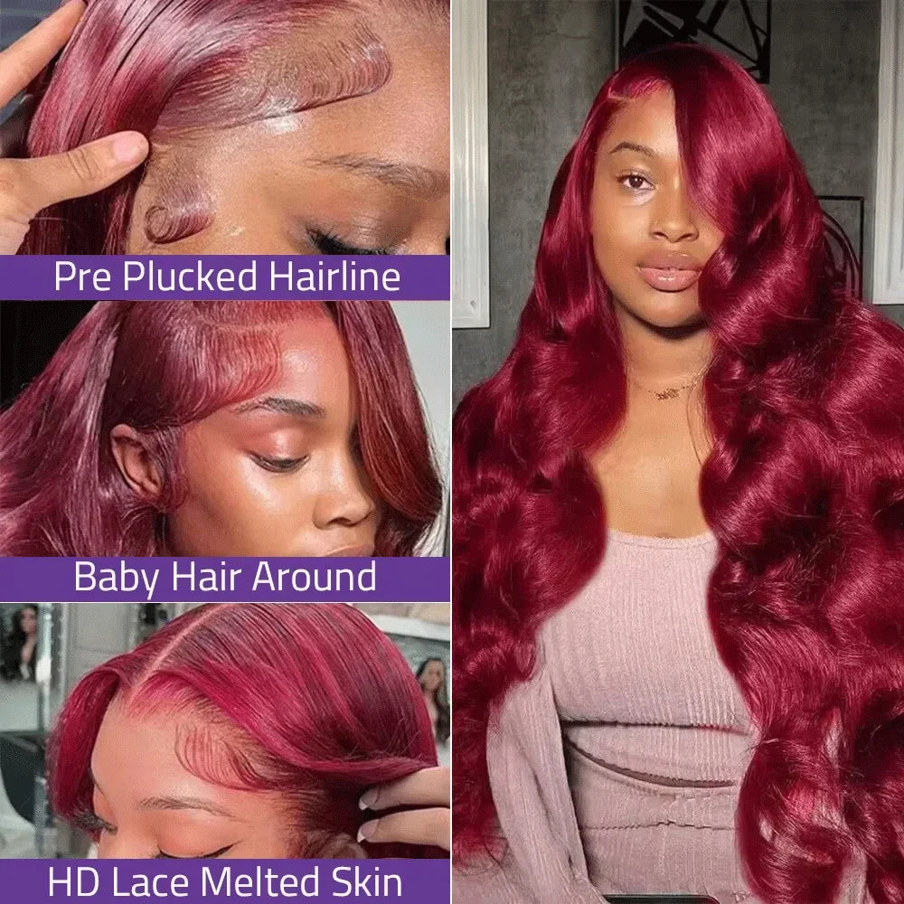 99J Body Wave 13x6 Lace Frontal Human Hair Wig 200 Density PrePlucked Red Burgundy Colored 13x4 Hd Lace Front Wigs for Women