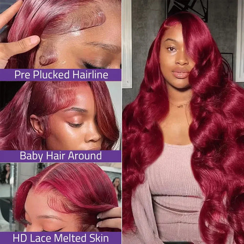 99J Body Wave 13x6 Lace Frontal Human Hair Wig 200 Density PrePlucked Red Burgundy Colored 13x4 Hd Lace Front Wigs for Women