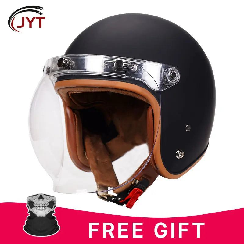 3/4 Open Face Helmet with Bubble Visor Three Button Half Helmet Sun Visor Retro Motorcycle Jet Helmets Men Women DOT Approved