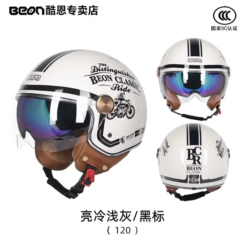 BEON Motorcycle Retro Style Helmet Electric Bike Riding Three-quarters Half Helmet Lightweight Dual Lens Safety Helmet