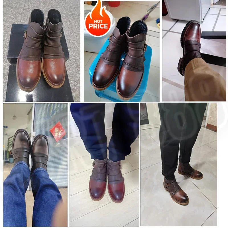 HOT Handmade Motorcycle Riding Shoes Casual Genuine Leather Chelsea Boots for Men Retro Fashion Buckle Zip Short Moto Boots