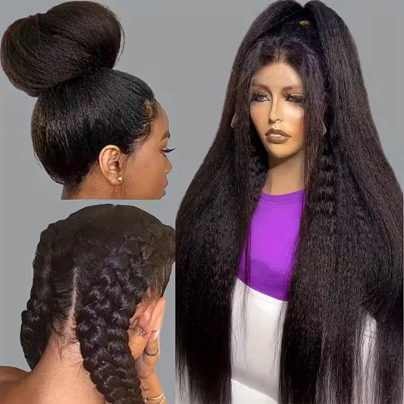 Invisible Strap 360 Hd Full Lace Wig Kinky Straight Human Hair Wigs Natural Color 220% Density Drawstring Snug Fit Glueless Wigs