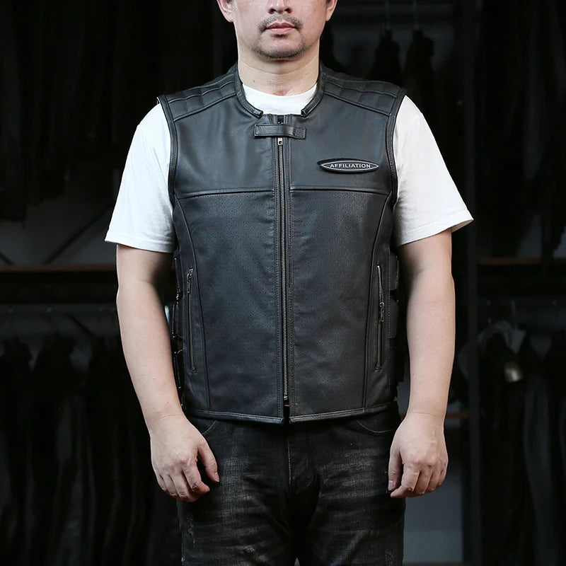 High Quality New Men's Sleeveless Jacket Motorcycle Riding Adjustable Waist Genuine Leather Vest Cowhide Waistcoats