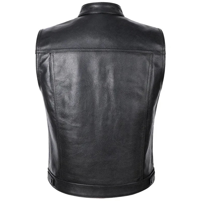 1The Latest Solid Color Vest Motorcycle Standing Collar Leather Vest for Men Pu Leather Coat