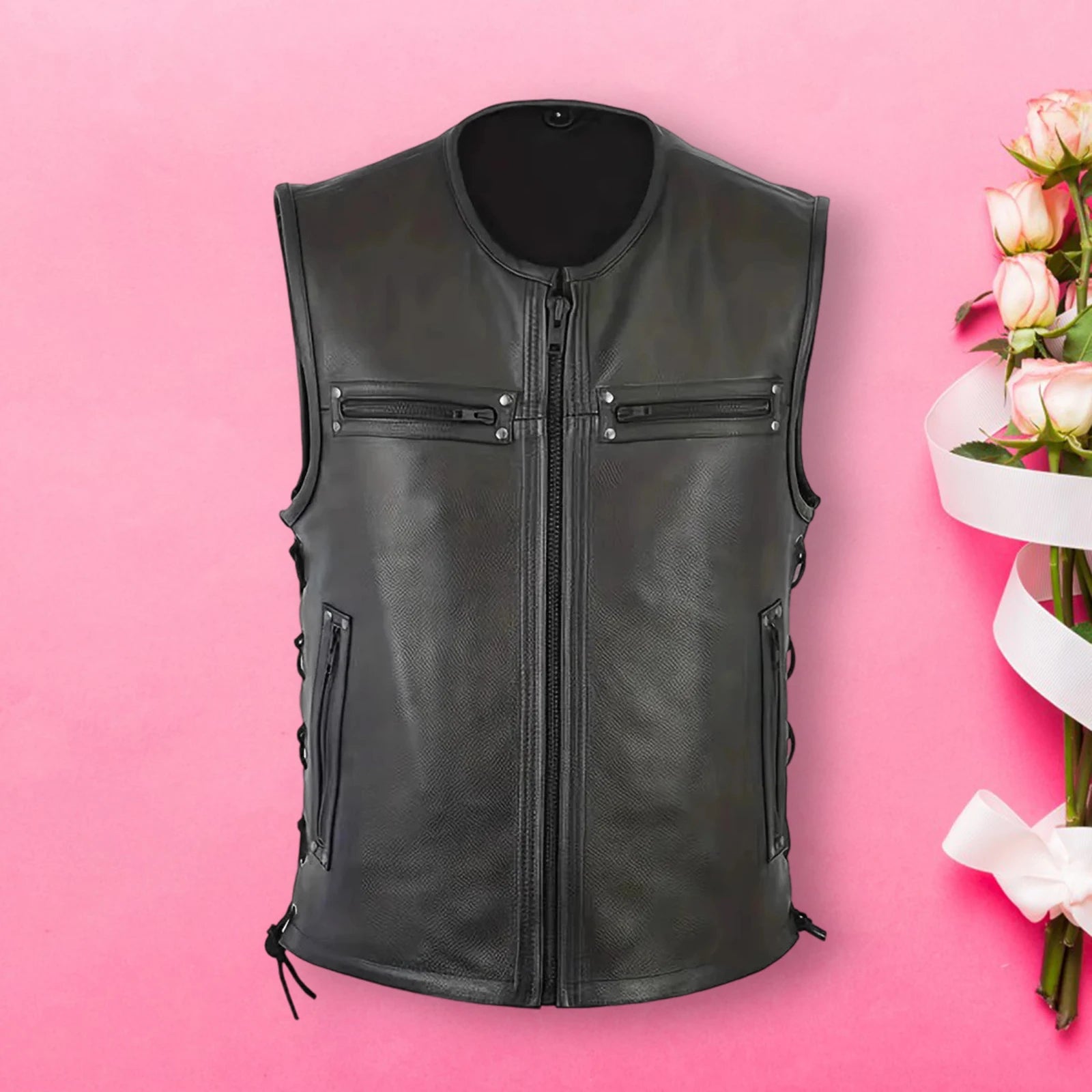 Men's Motorcycle Vests with Pockets Fashionable Leather Solid Color Zipper Up Sleeveless Jacket