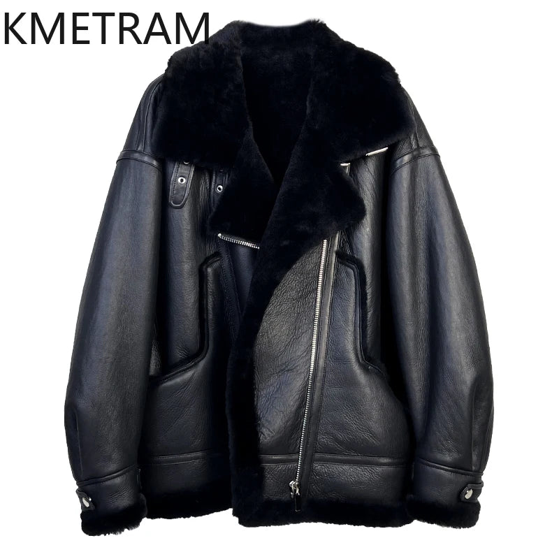 Natural Merino Sheepskin Wool Double Faced Fur Jacket Women Fashion Motorcycle Black Real Fur Coat Winter Woman Clothing 2025