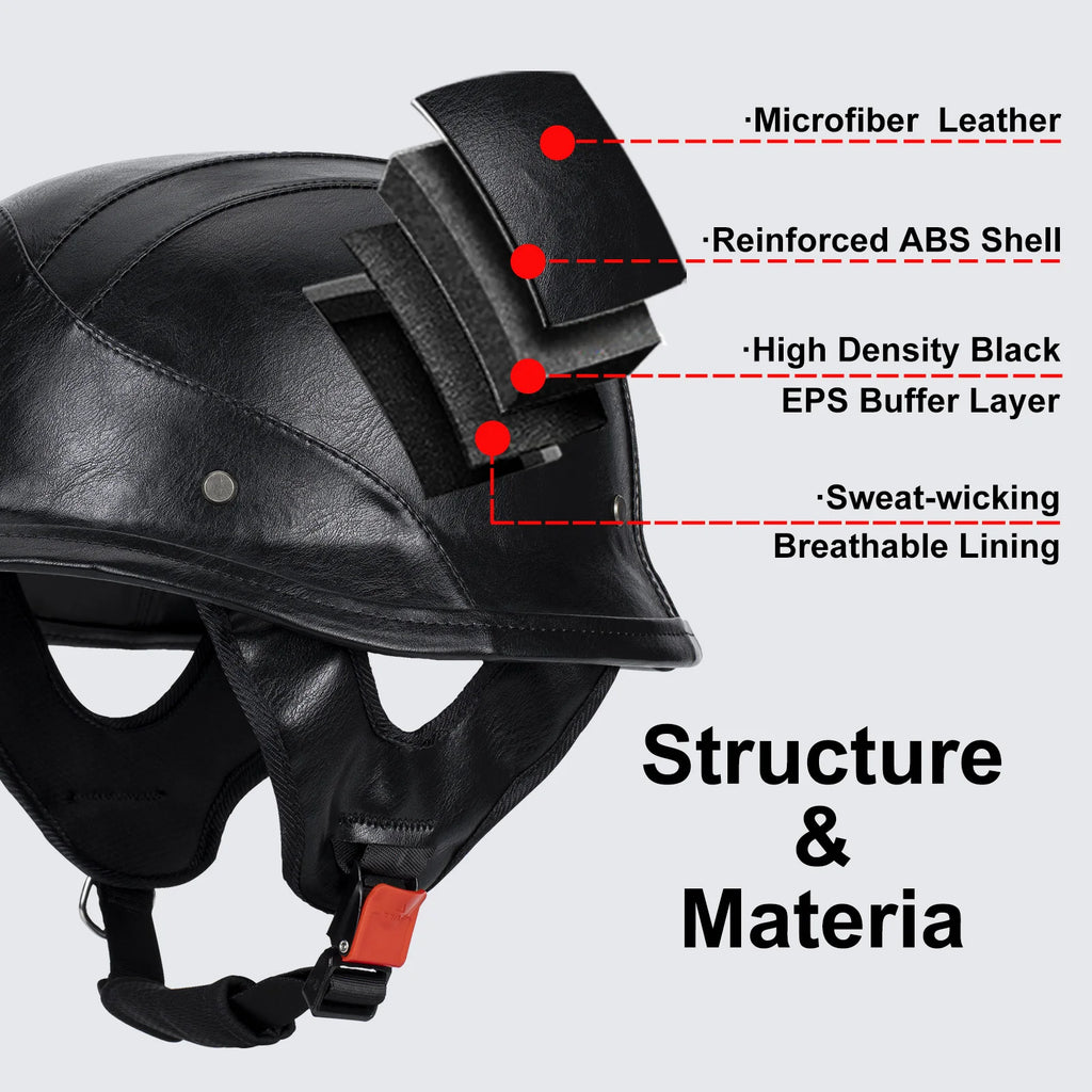 German Half Helmet Premium Vintage Open Face Motorcycle Helmet Genuine Cowhide Leather Cover DOT Certified Classic Retro Design
