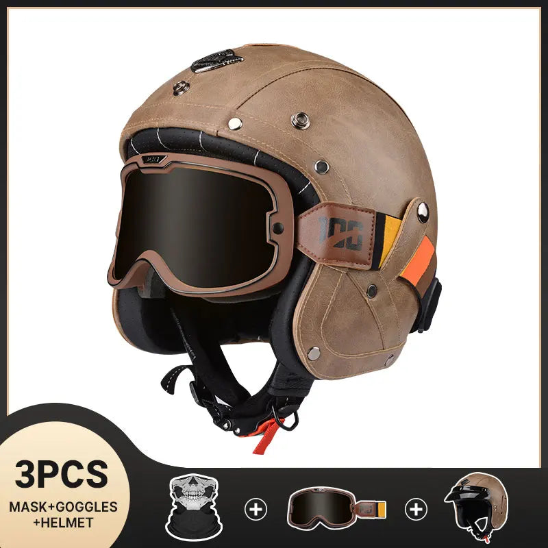 DOT Approved Vintage Leather Motorcycle Helmet Retro Open Face Chopper Casque Capacete Motorbike De Moto Masculino Casco Moto