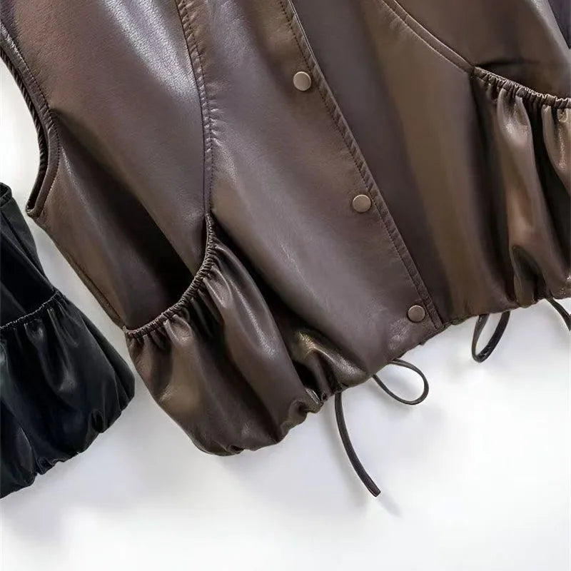 Fashion Black Brown Pu Leather Vest Coat Women's Clothing Spring Autumn Premium Motorcycle Short Sleeveless Leather Jacket top