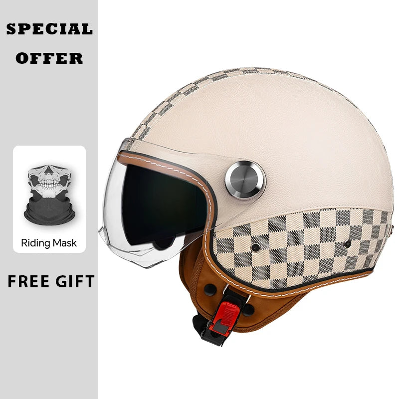 Black Leather Open Face Motorcycle Helmets Men Women Vintage Jet Moto Helmet DOT Retro 3/4 Half Helmet Pedal Personality Scooter
