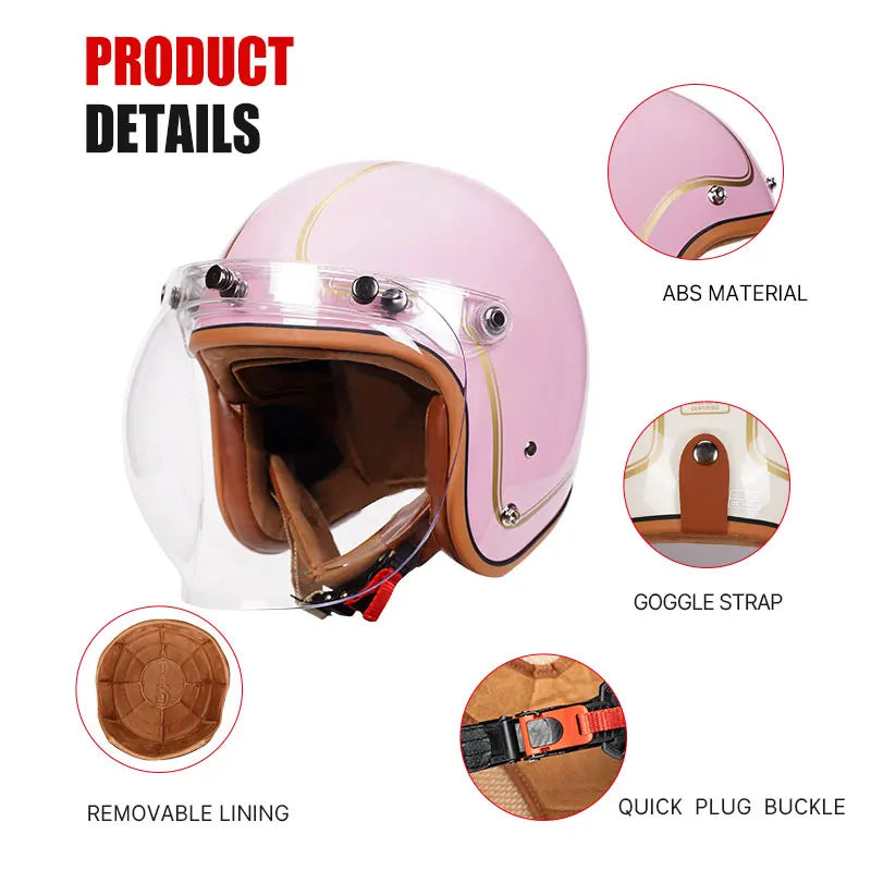 3/4 Open Face Helmet with Bubble Visor Three Button Half Helmet Sun Visor Retro Motorcycle Jet Helmets Men Women DOT Approved