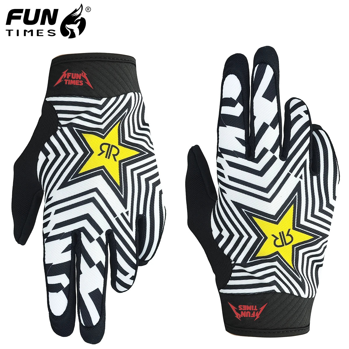 FUNTIMES latest little fox pattern design motorcycle riding full finger gloves black and white striped split finger gloves