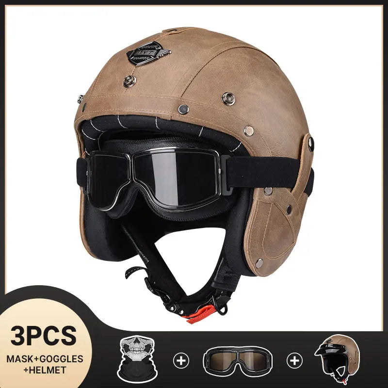 DOT Approved Vintage Leather Motorcycle Helmet Retro Open Face Chopper Casque Capacete Motorbike De Moto Masculino Casco Moto
