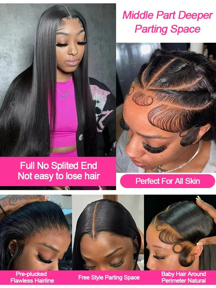 250 Density 40 Inch Straight Human Hair Bone Straight 13x6 HD Lace Frontal Wigs for Women 5x5 Glueless wig Pre Cut
