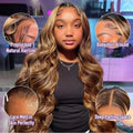 34 Inch13x4 Honey Blonde Ombre Lace Front Wigs Human Hair Pre Plucked 200 Density 4/27 Highlight Colored Body Wave Frontal Wigs