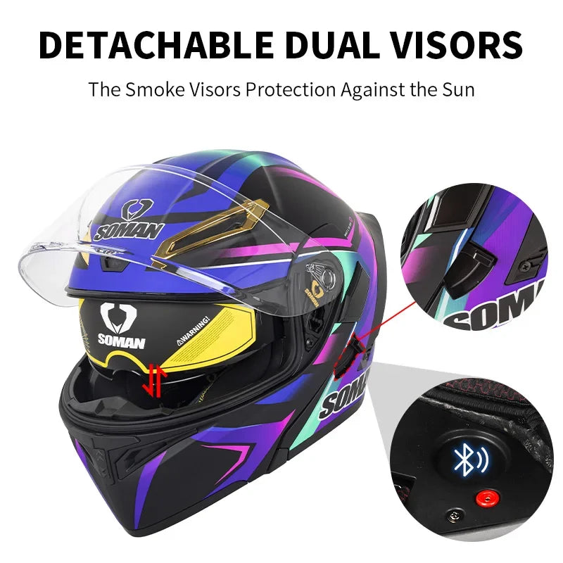 SOMAN Full Face Helmet Dual Lens Flip Up Motorcycle Helmets Casco Accessories Men Women Casque Moto Racing DOT Approved Visor