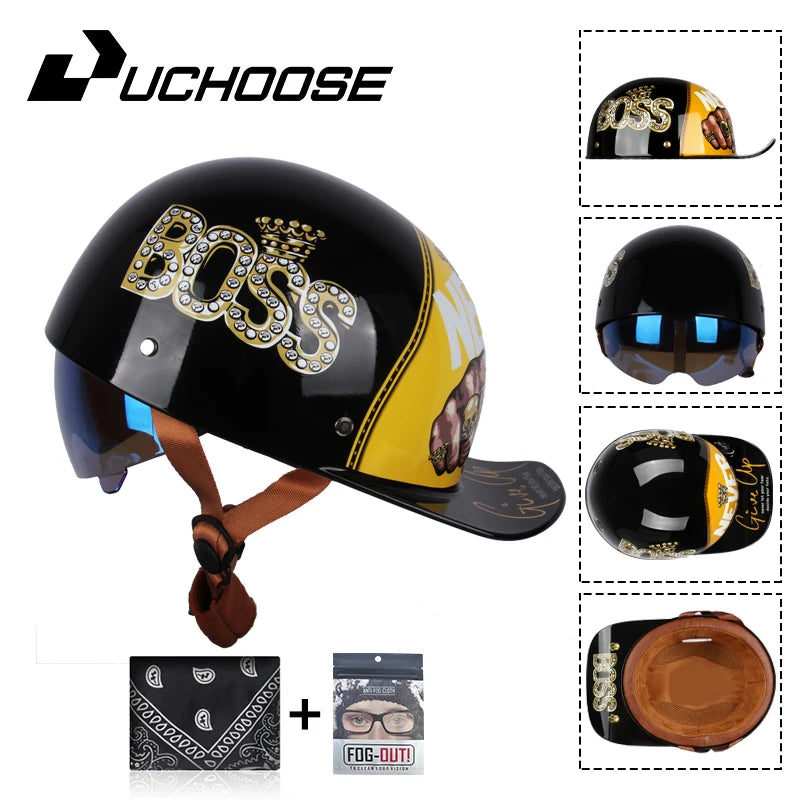 Uchoose Baseball Cap Helmet Motorcycle Vintage Retro Helmets Summer Open Face Scooter Cruiser Chopper Gangster DS Men Women Kid