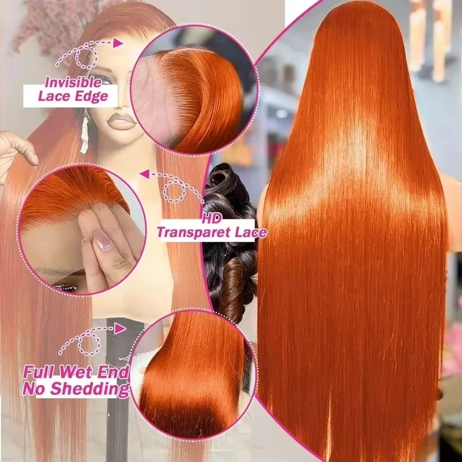 40 Inch Ginger 0range Bone Straight Hd Lace Human Hair Wig 13x6 Hd Lace Frontal Real Colored Brazilian Preplucked Wigs For Women