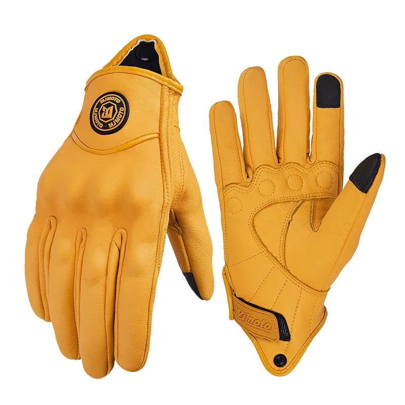 MJMOTO New Yellow Retro Motorcycle Riding Gloves Breathable Comfort Offroad Luvas Joint Protection Motorbike Glove Touchscreen
