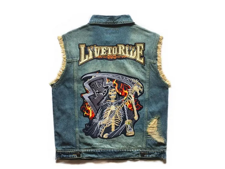 Embroidered Denim vest blue Jeans Patchwork Motorcycle Biker Jeans Sleeveless jacket punk Cowboy Fashion vest live to ride 6XL