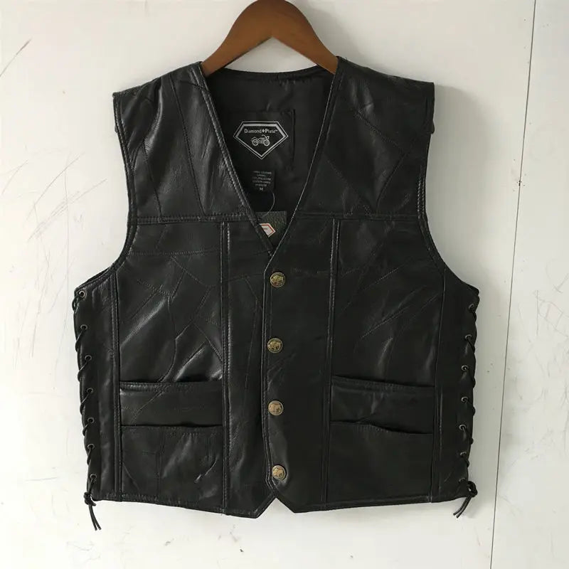 Motorcycle Vest Men's Stitching Sheepskin Leather Waistcoat V-Neck Street Style Cool Motorcycle Jacket Motocross Equipment