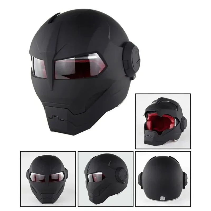 Iron Man Retro Motorcycle Full Helmet Bright Black Personality Cool Flip-up Helm for Men Capacete Moto