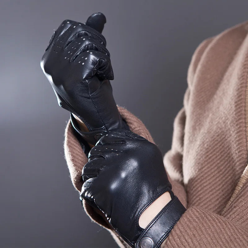 Men's Fashion Genuine Leather Breathable Hole Summer Sports Riding Moto Non-slip Gloves Sheepskin Touch Screen Driving Glove A63